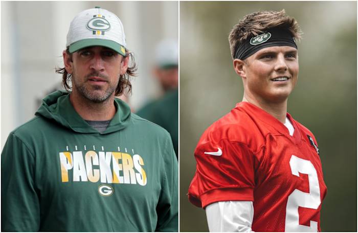 Quarterbacks Aaron Rodgers and Zach Wilson